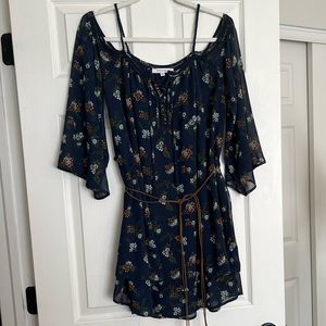 Blue floral tunic with brown tassel belt (M)